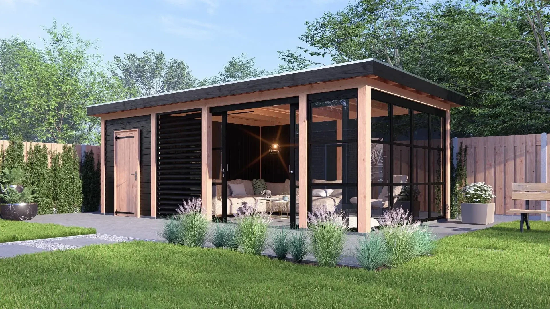 Buitenverblijf Rome met zwart houten wanden, glazen schuifdeuren, en overdekte lounge, omringd door een groene tuin.