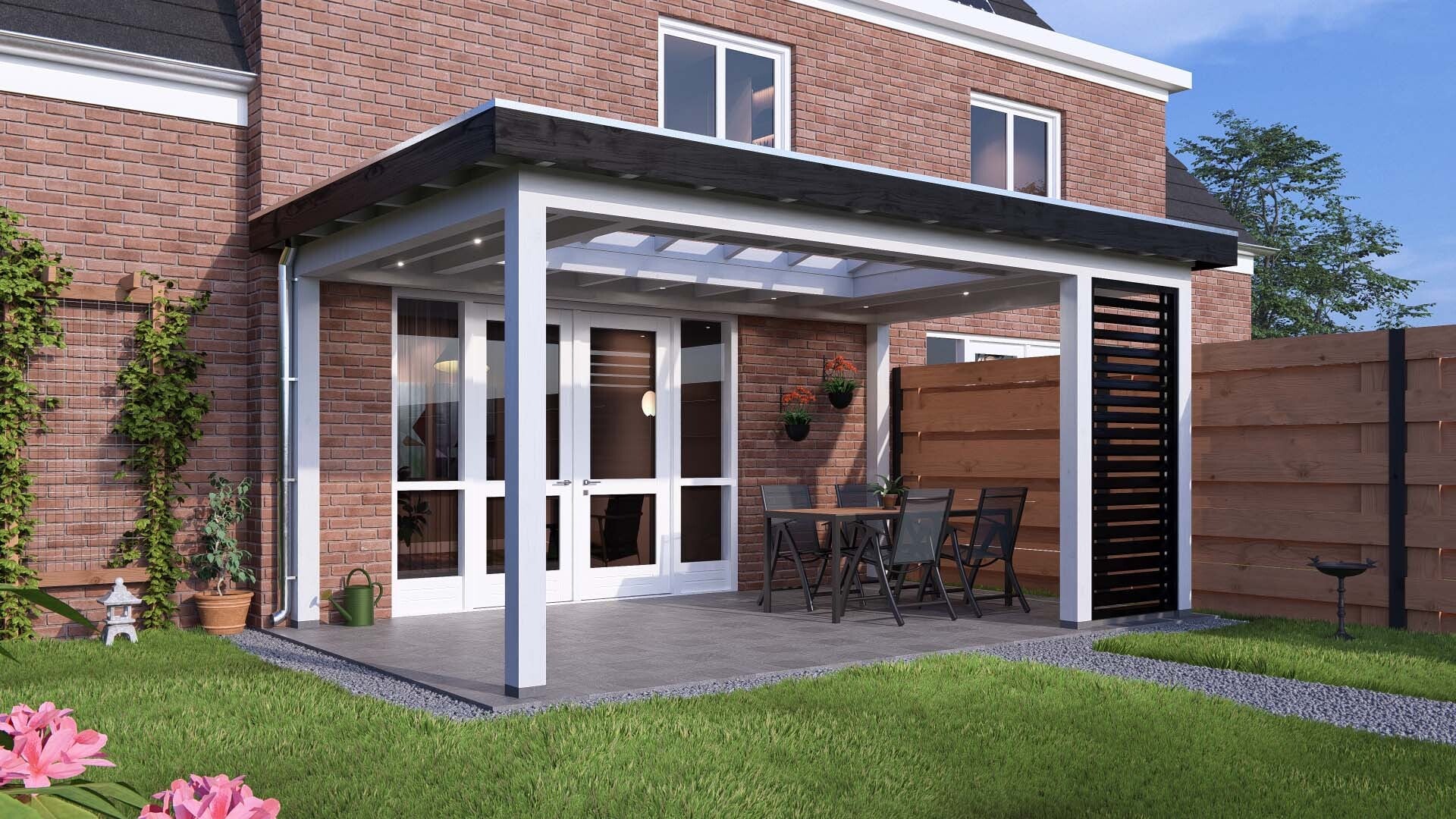 Aanbouwveranda Rome met witte constructie, glazen dak en moderne afwerking, geplaatst aan een bakstenen woning met een gezellig ingericht terras.