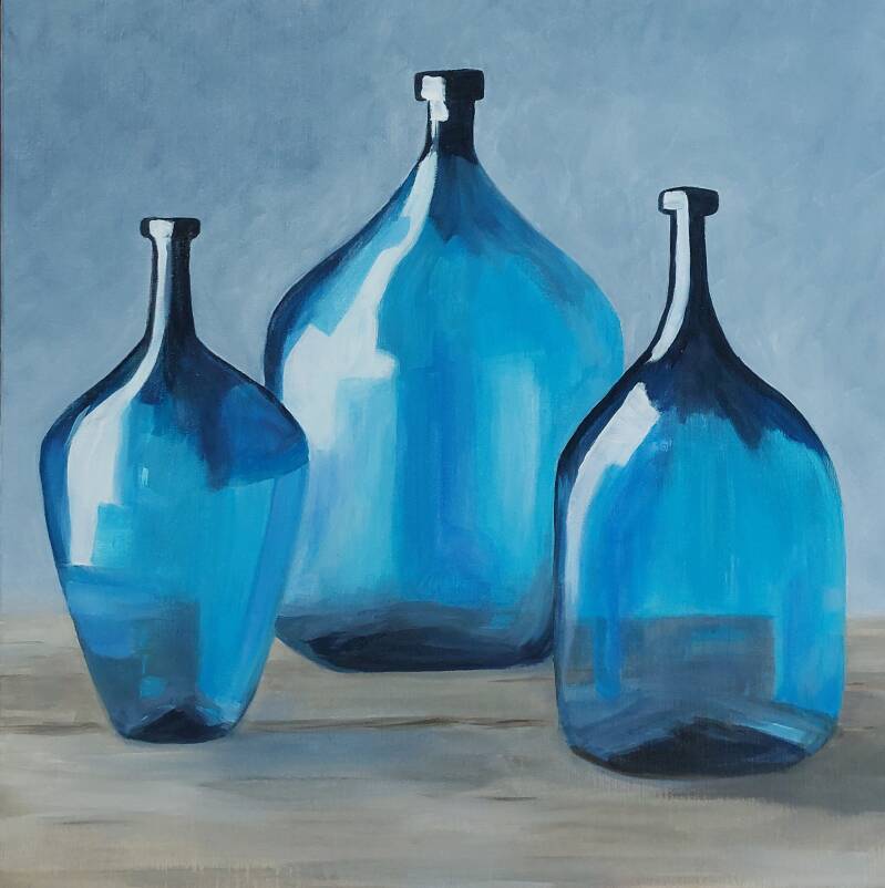 Toile carrée peinte à l'huile représentant des dames Jeanne bleues.