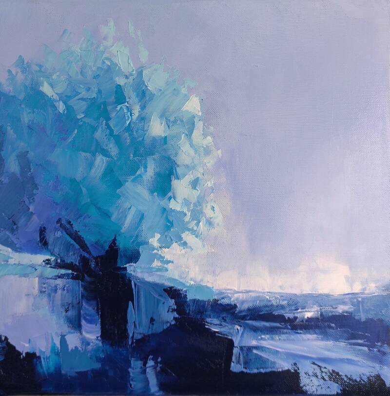 Arbre peint au couteau sur une toile en lin de format carré 30 x 30. Bleus, turquoise et blanc.