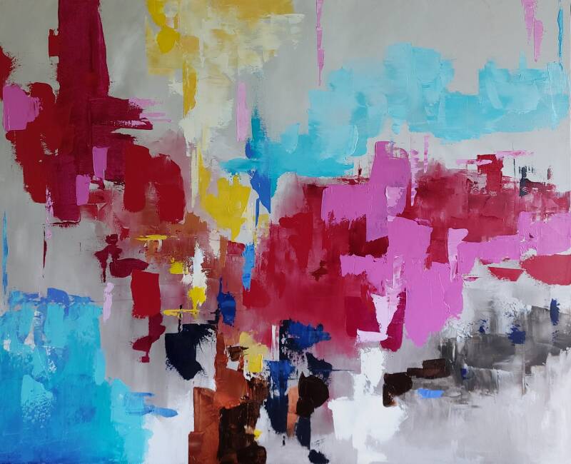 Toile abstraite peinte à l'huile et au couteau. Couleurs vives.