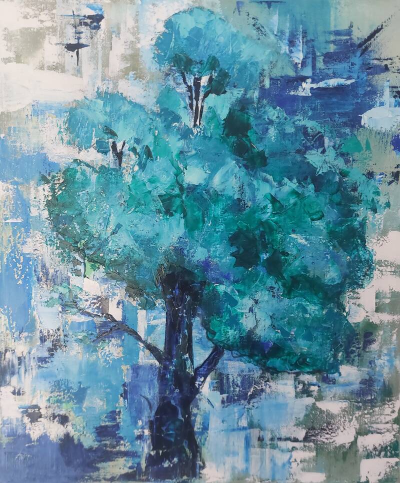 Peinture à l'huile travaillée au couteau représentant un arbre sur un fond très destructuré.