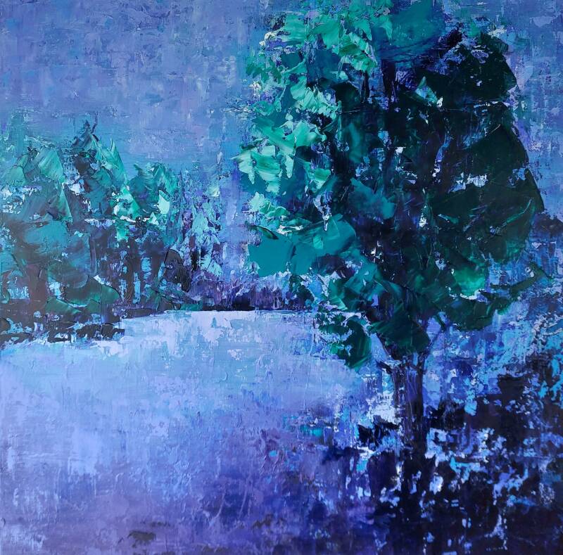 Toile en lin peinte au couteau dans des tons froids (bleu, vert, violet) et représentant  un étang de nuit, bordé de grands arbres.