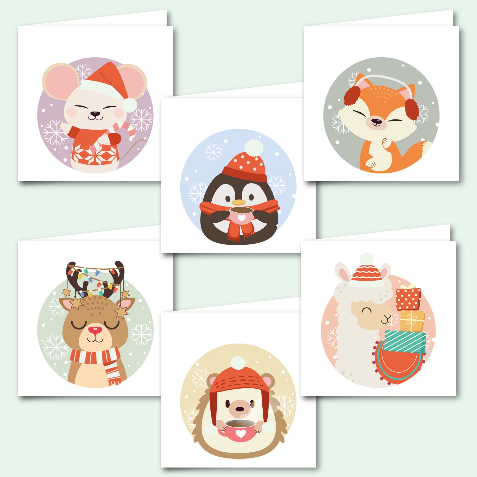 Kerstkaarten | 12 stuks | 10x10 cm - kerstdieren