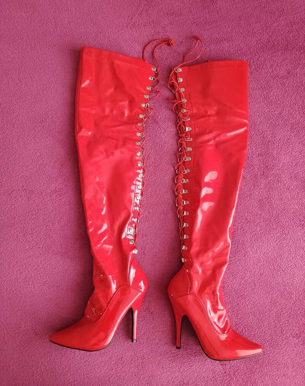 Rode lak over the knee laarzen