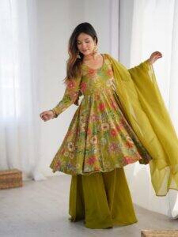 FANCY RROMAN SILK DISCHARGE PRINTING WORK KEDIYA STYLE TOP PALAZZO WITH DUPATTA PARROT GREEN