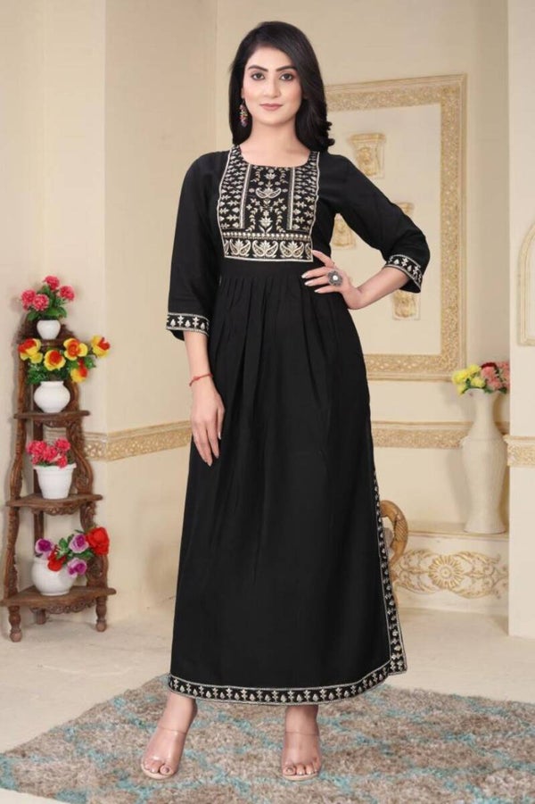 FASHIONABLE RAYON FOIL PRINTED LONG KURTI BLACK