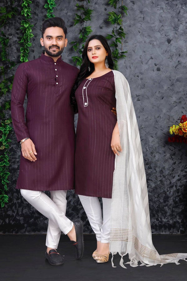 TREADITIONAL SLUB COTTON WEVING WORK NEW LOOK FOR COUPLE SPECIAL FESTIVAL WEAR READY TO WEAR WINE