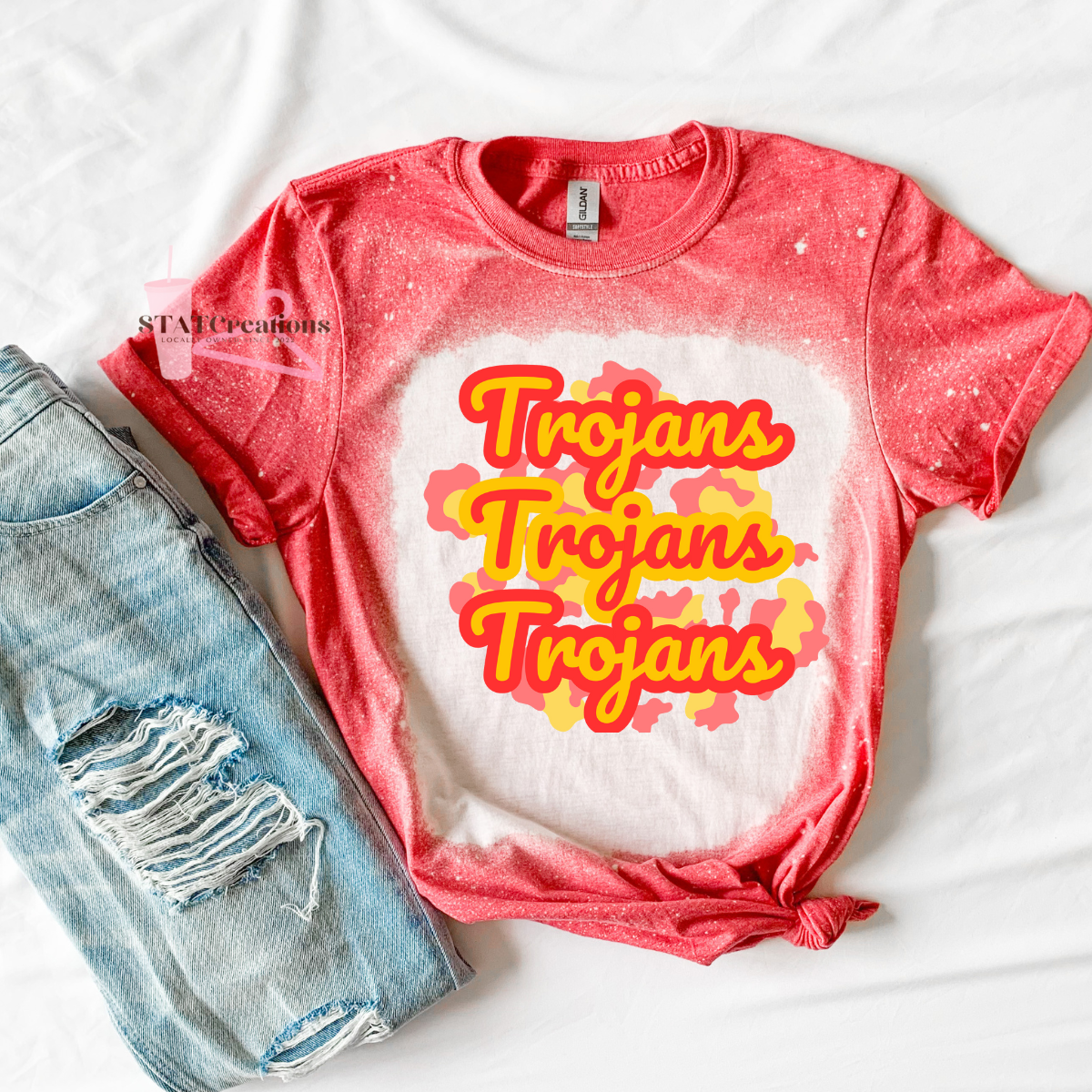 Trojans leopard background bleached tee
