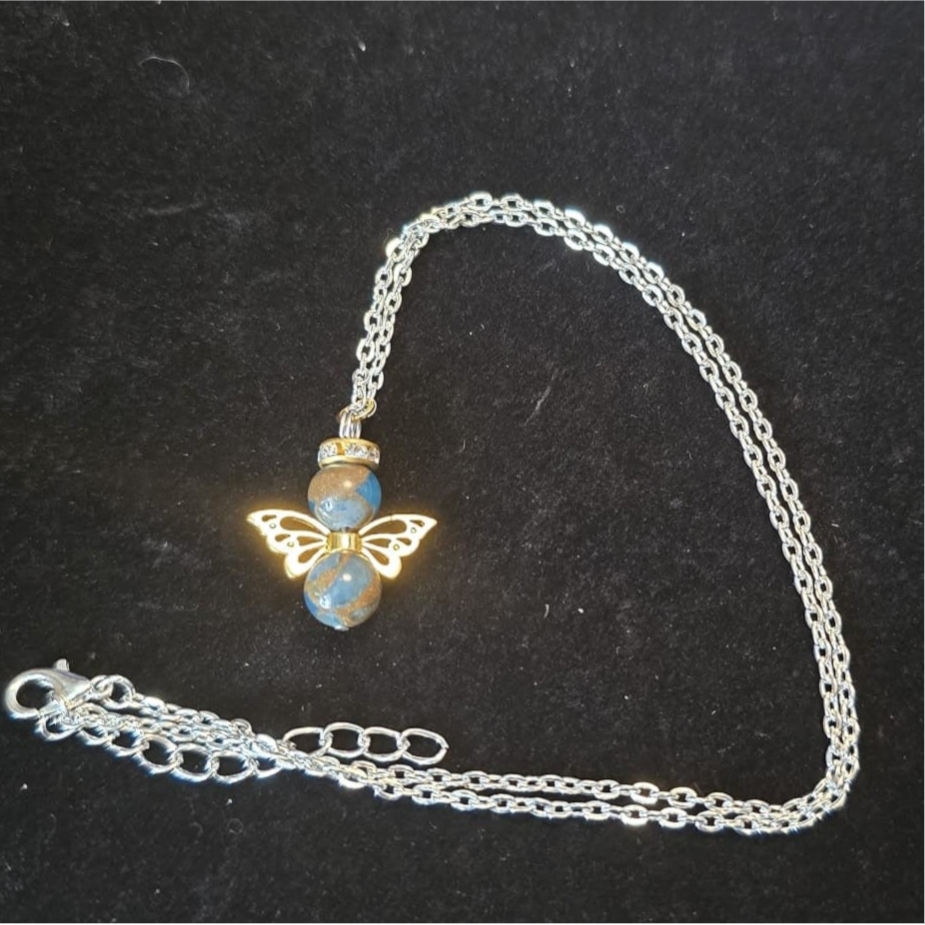 Schutzengelkette mit Edelsteinperle Seeblaue Cloisonne Jaspisstein