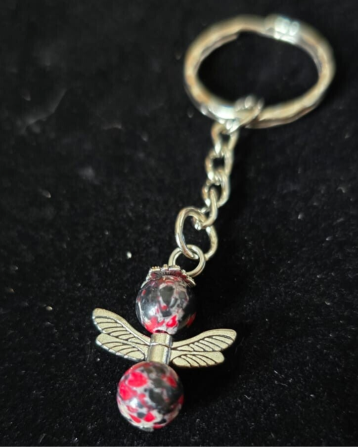 Schutzengel Schlüsselanhänger mit Edelsteinperle Schwarz Roter Jaspis