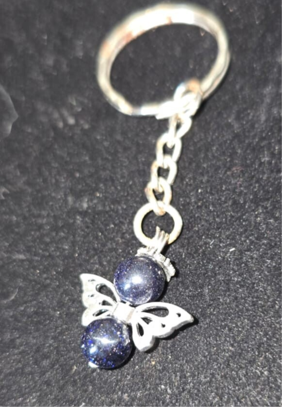 Schutzengel Schlüsselanhänger mit Edelsteinperle Blauer Sandstein