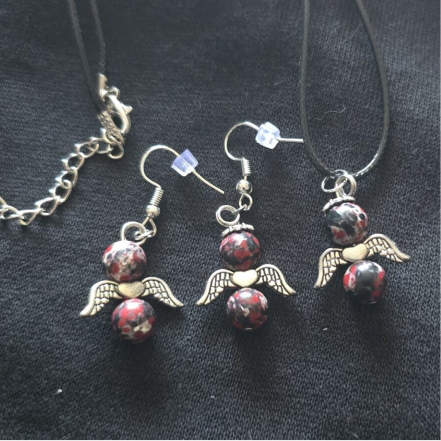 Schutzengel Schmuckset mit Edelsteinperlen Schwarz-Roter Jaspis
