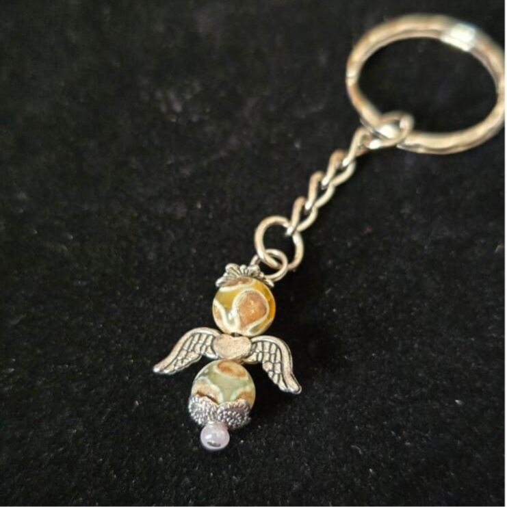 Schutzengel Schlüsselanhänger mit Edelsteinperle Braun Grüner Jaspis