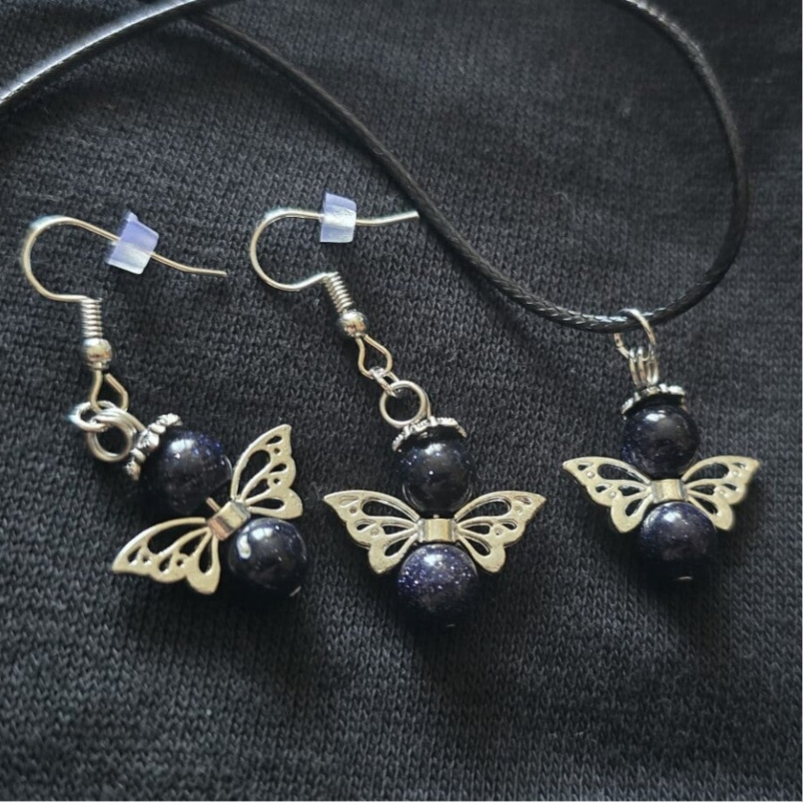 Schutzengel Schmuckset mit Edelsteinperlen Blauer Sandstein