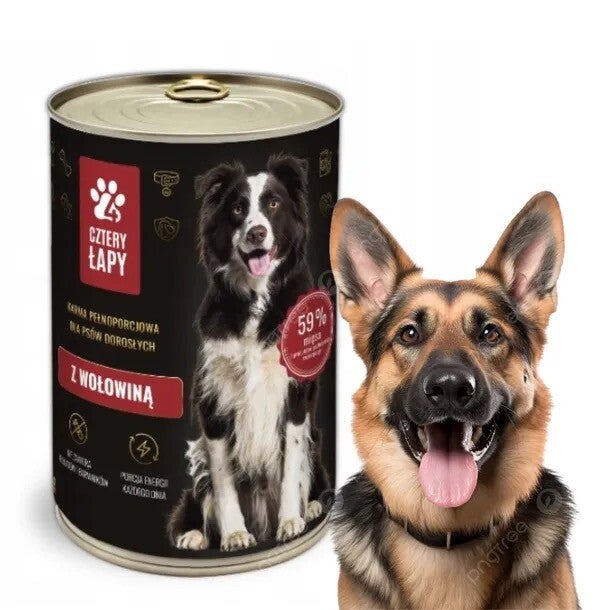 Karma mokra dla psa o smaku wołowiny Cztery Łapy Puszka 1250g