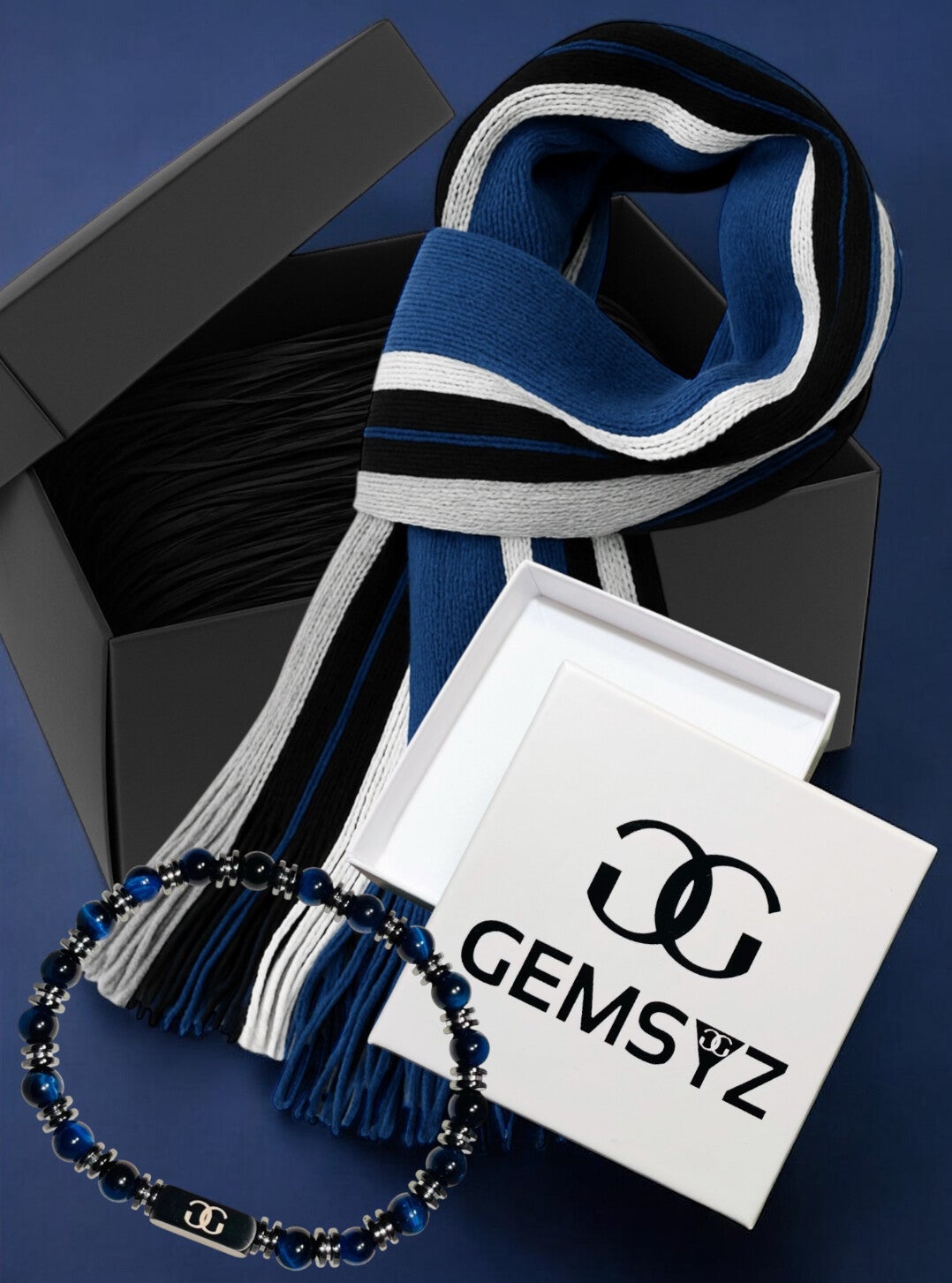 Cadeaubox voor mannen met Blue Tiger Eye natuursteen armband en blauwe sjaal