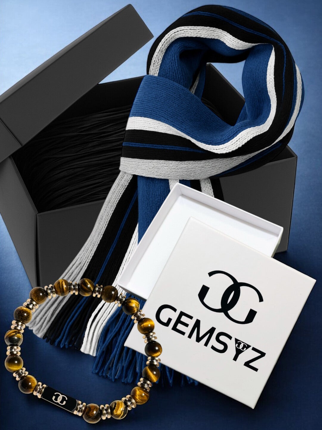 Cadeaubox voor mannen met Brown Tiger Eye natuursteen armband en blauwe sjaal