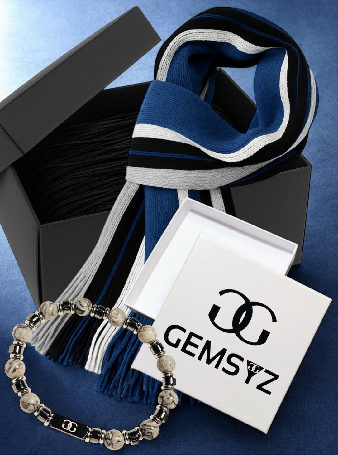 Cadeaubox voor mannen met Grey Jasper natuursteen armband en blauwe sjaal