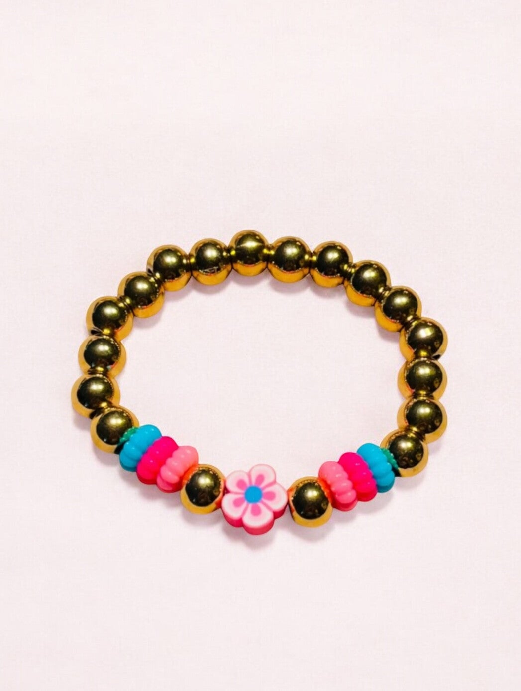 ColorPop kralenarmbandje flower met gouden rvs kralen meerkleurig roze blauw