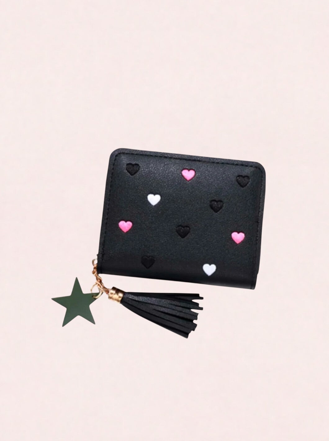 Zwarte portemonnee met hartjes, franje kwastje en ster hanger