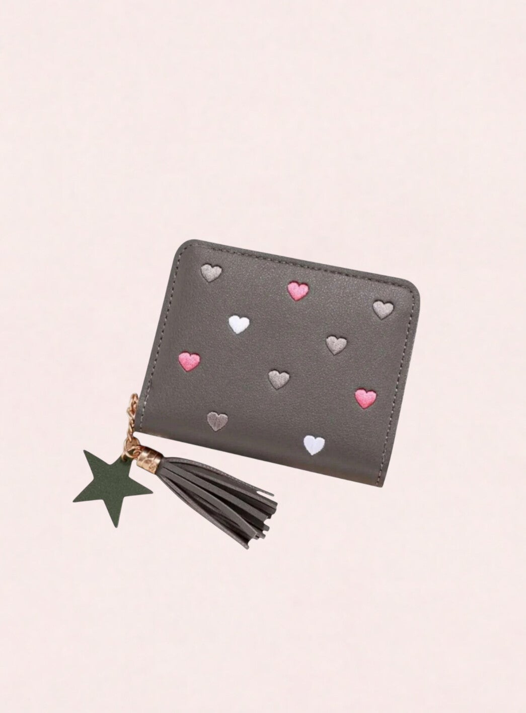 Taupe grijze portemonnee met hartjes, franje kwastje en ster hanger