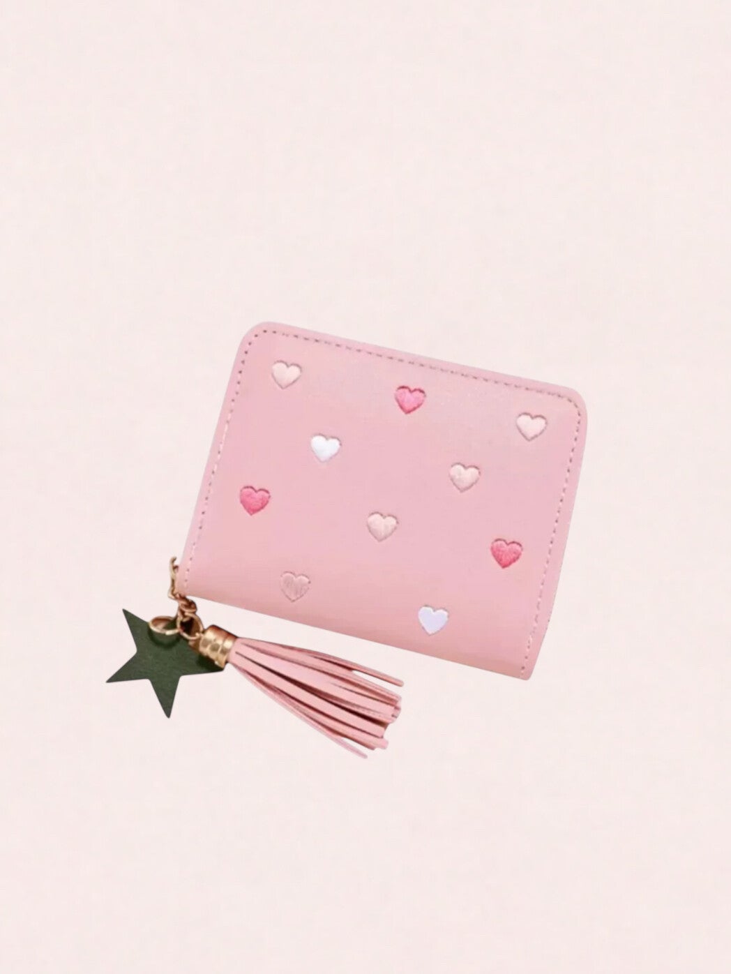 Roze portemonnee met hartjes, franje kwastje en sterhanger