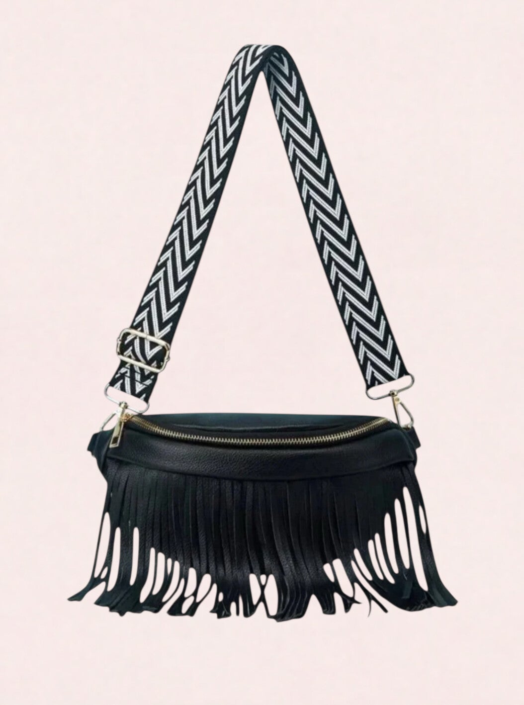 Zwarte crossbodytas met franje en Chevron schouderband
