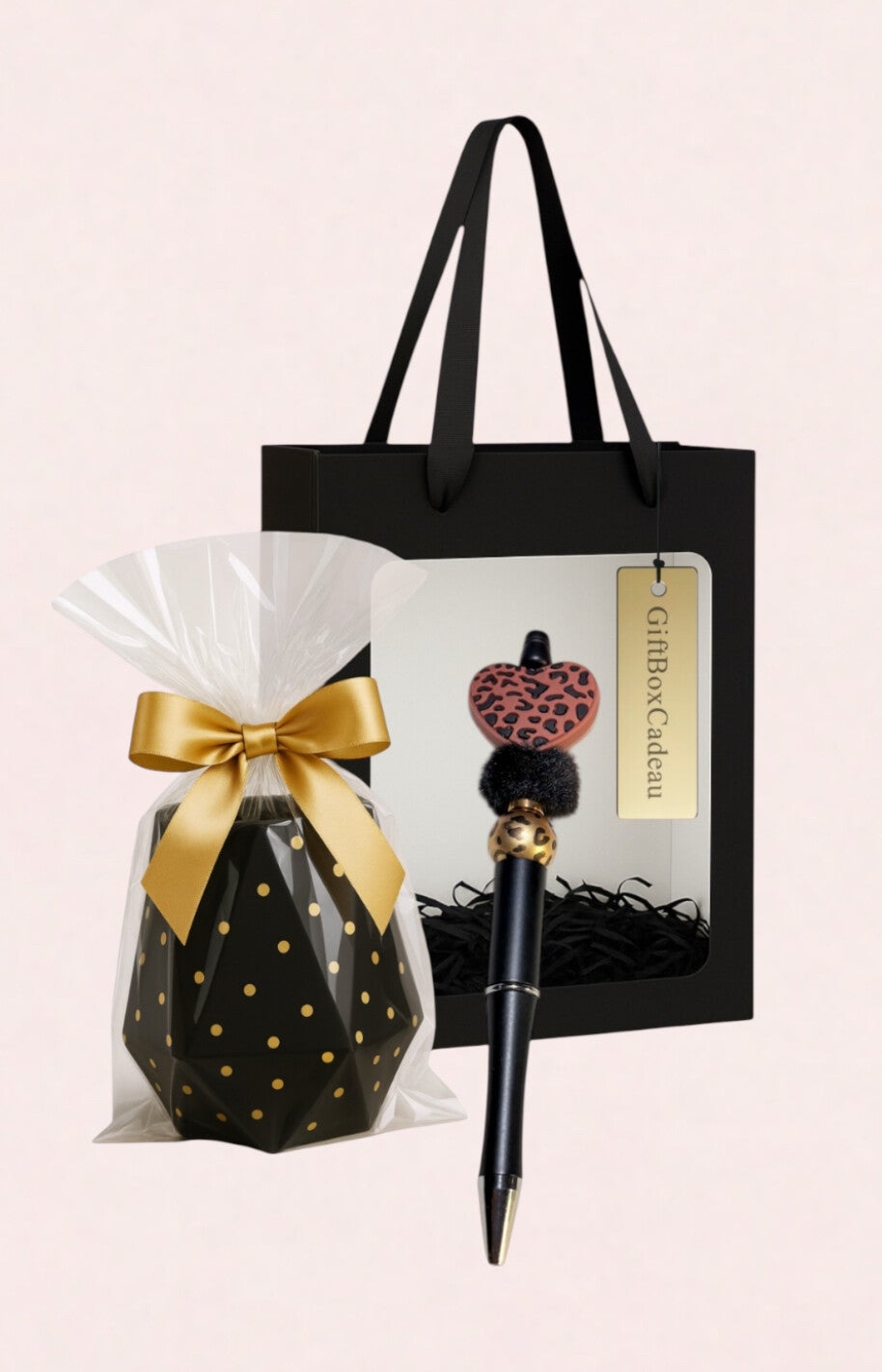 Giftset bureau accessoire  — Pen met luipaard siliconen kralen zwart goud en luxe pennenhouder