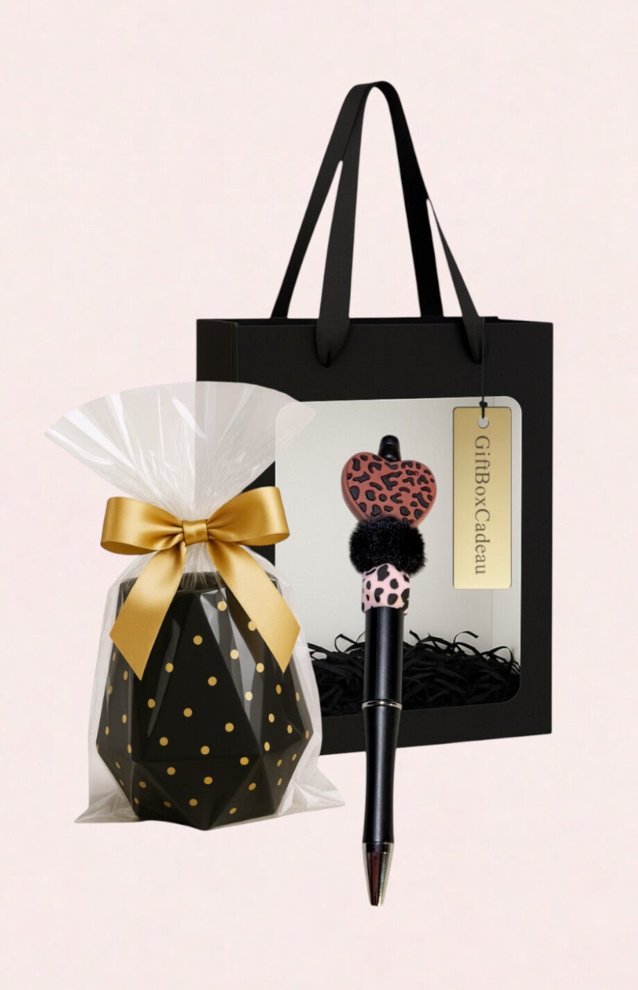 Giftset bureau accessoire — Pen met luipaard siliconen kralen zwart roze en luxe pennenhouder