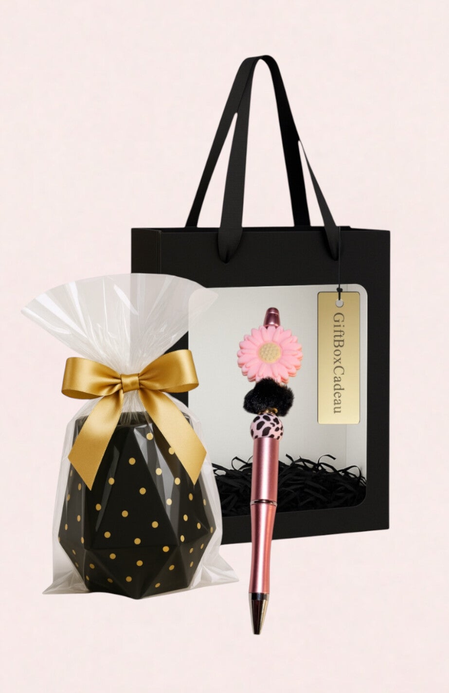 Giftset bureau accessoire — Pen met siliconen kralen bloem luipaard zwart roze en luxe pennenhouder