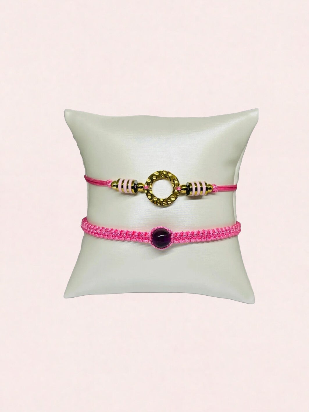 Armbandenset met gouden ring en roze - paarse kralen