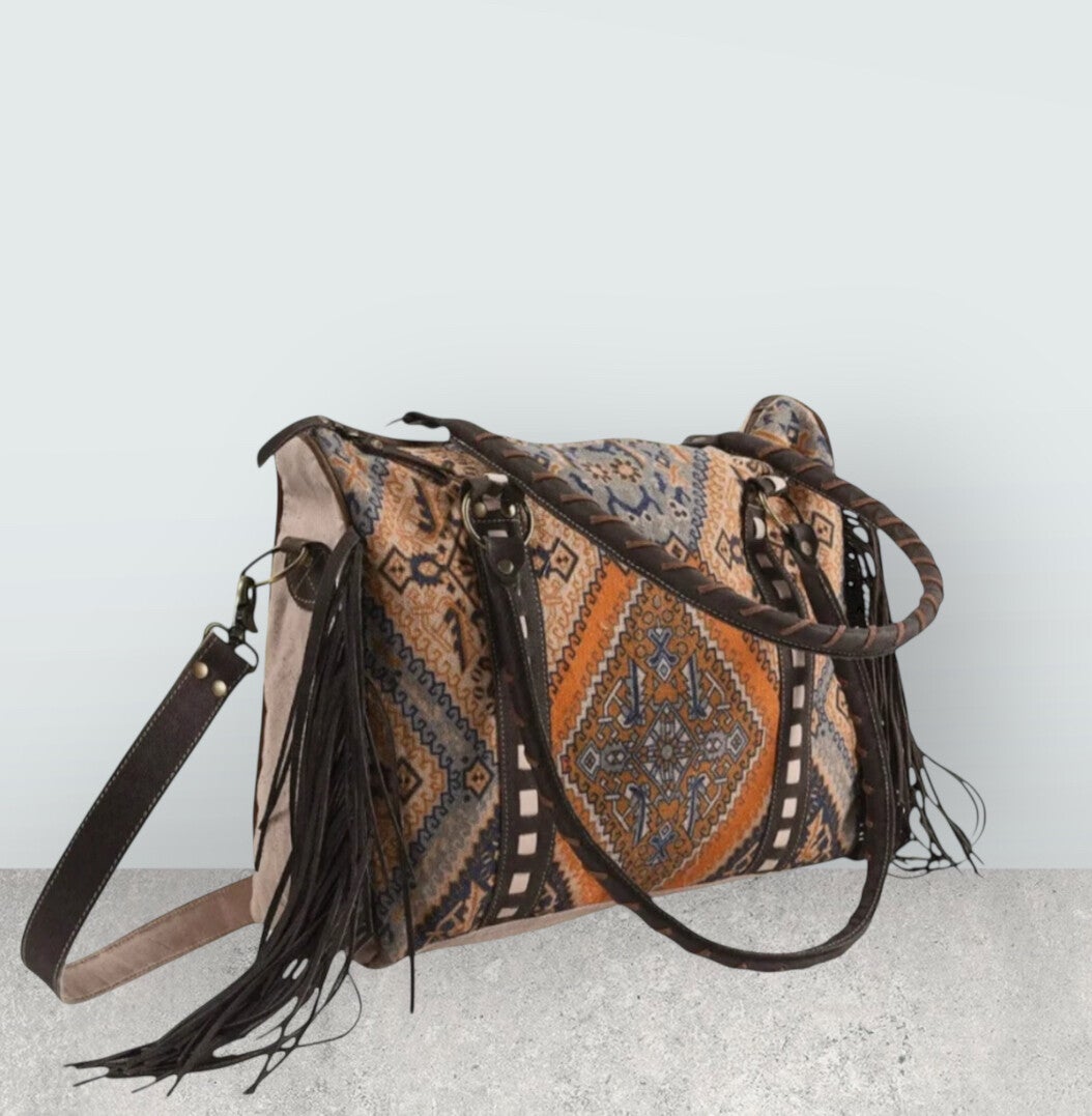 Tote bag tas bohemian fringe meerkleurig bruin