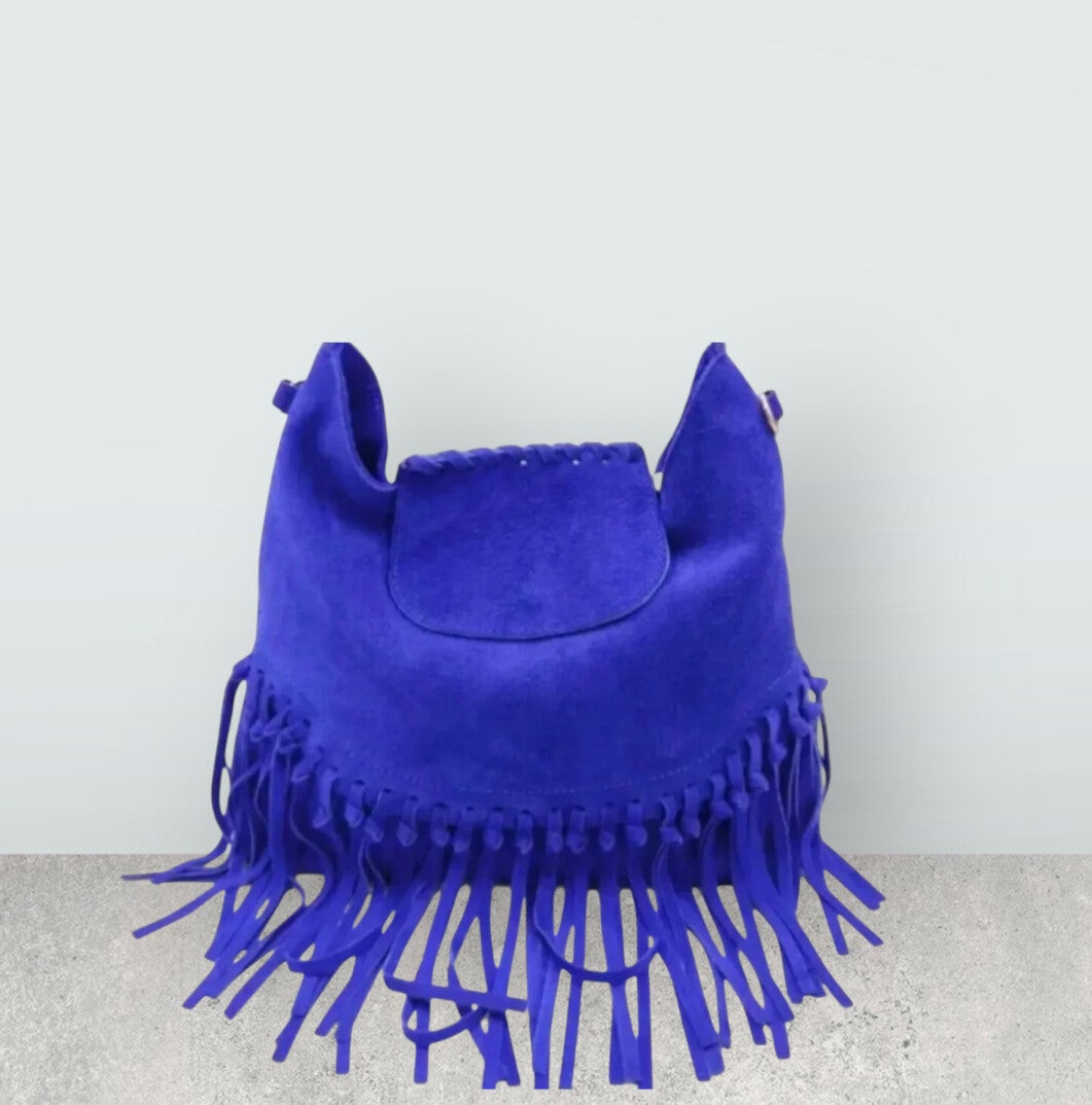 Bohemian suede tas fel blauw met franje
