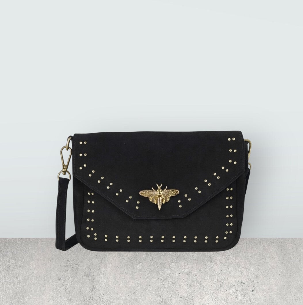 Crossbody tas suede zwart met studs