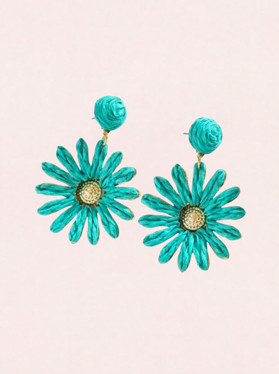 Bloem oorbellen raffia goud turquoise