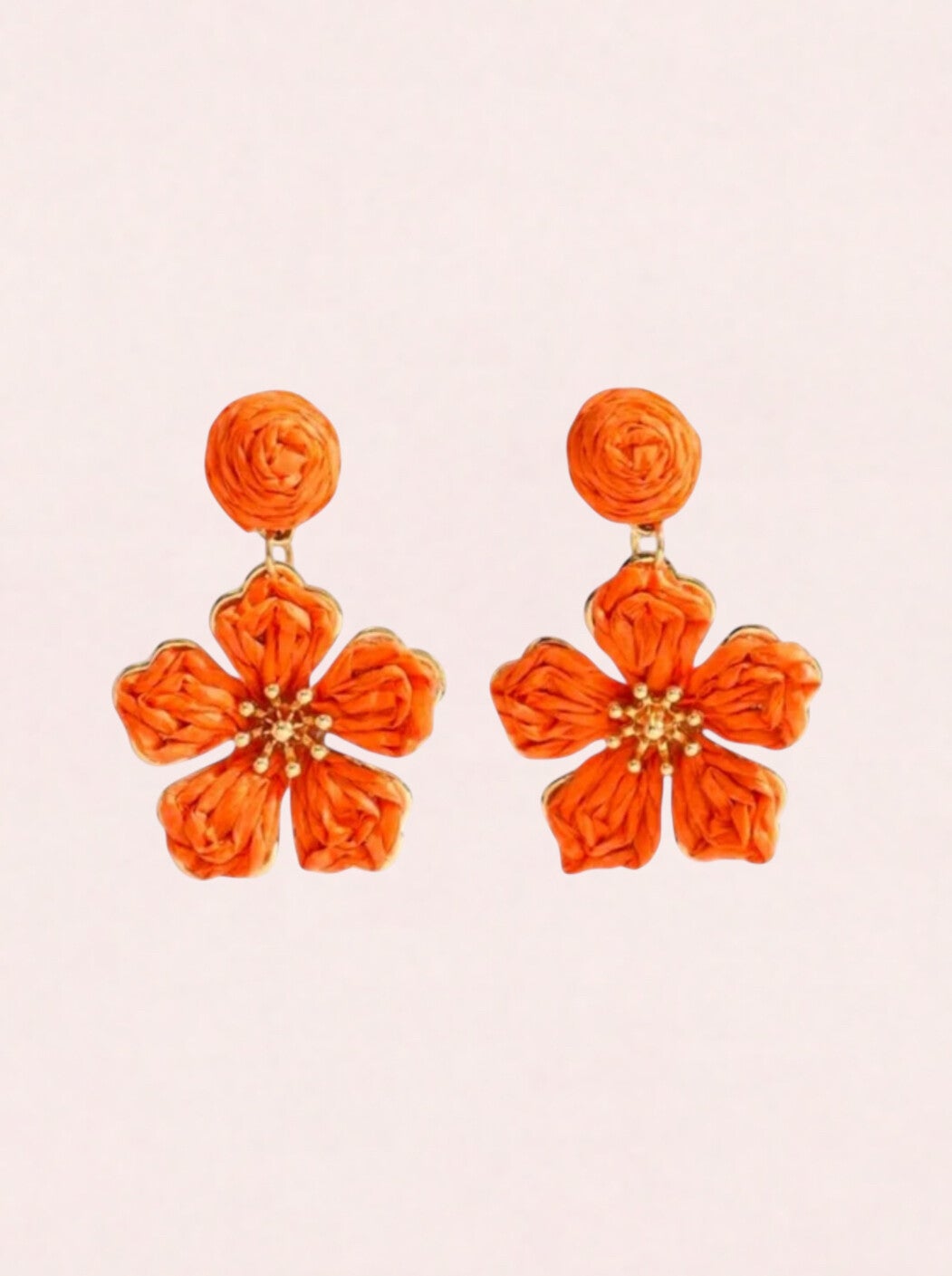 Bloem oorbellen raffia bloesem oranje goud