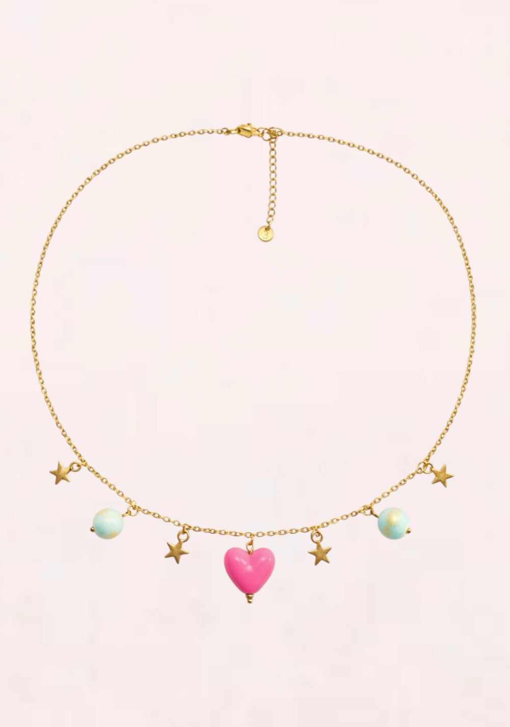 Bedelketting met roze hartje en Aqua kleurige acryl kralen