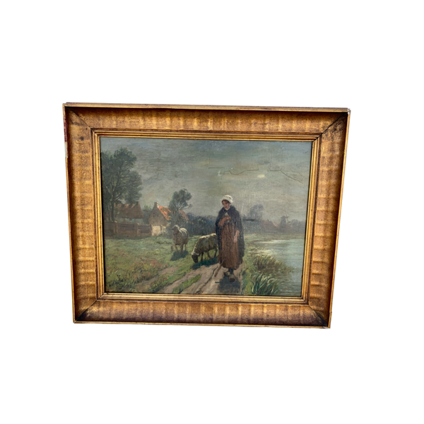 Herderin Met Schapen | Olieverf Schilderij