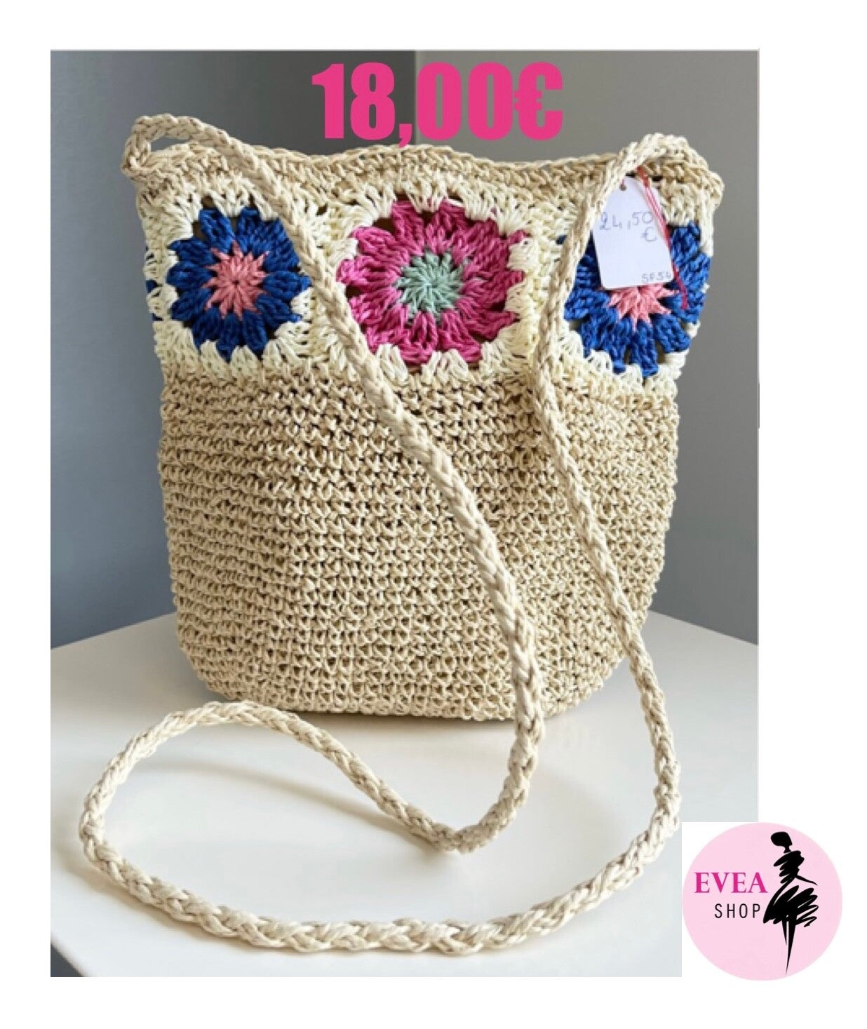 Sac en paille fleur fushia/bleu