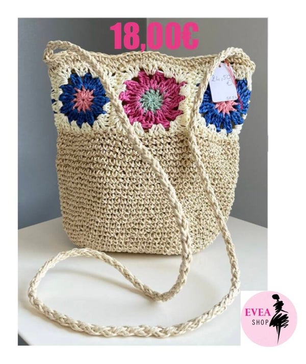 Sac en paille fleur fushia/bleu