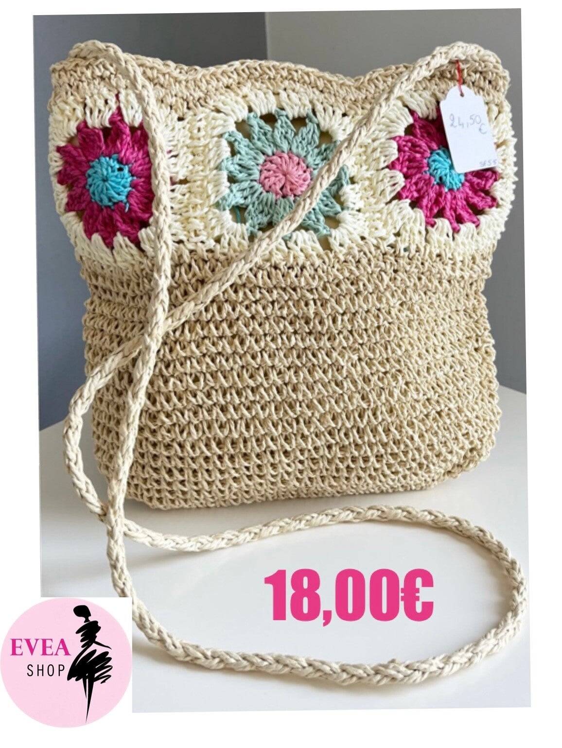 Sac en paille fleur vert/fushia