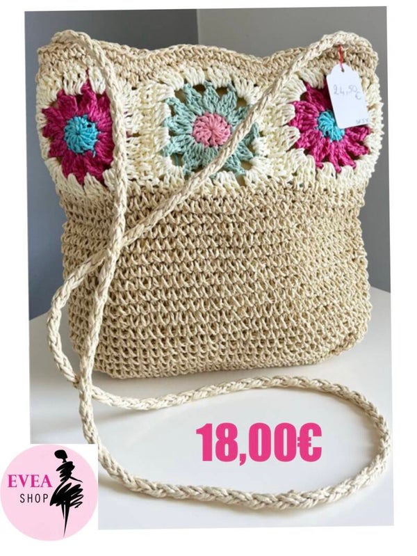 Sac en paille fleur vert/fushia