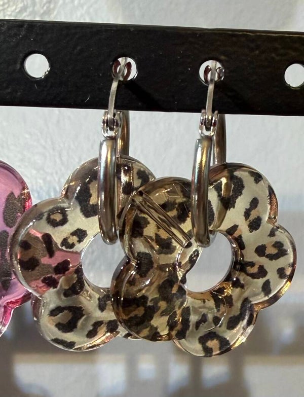 Boucles d’oreilles créoles argenté - léopard brun
