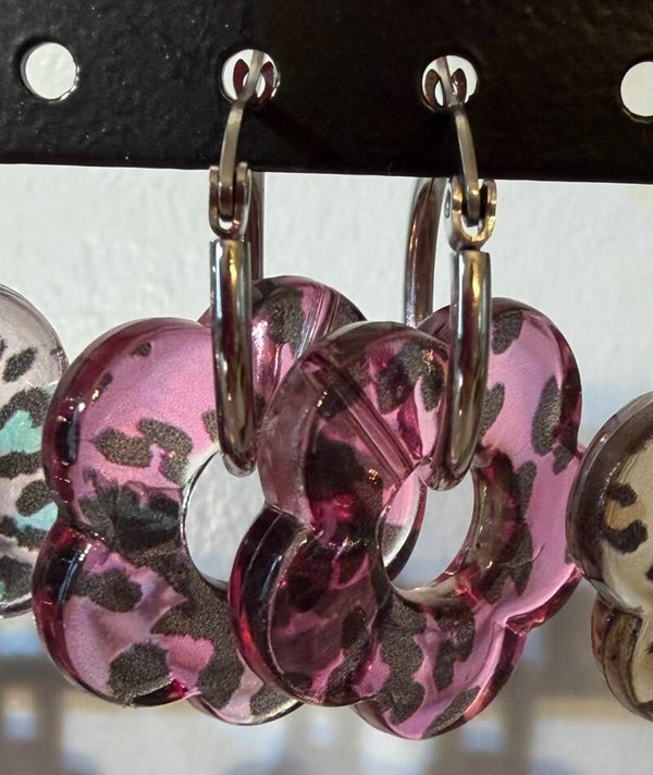 Boucle d’oreilles créoles argenté - léopard rose/noir