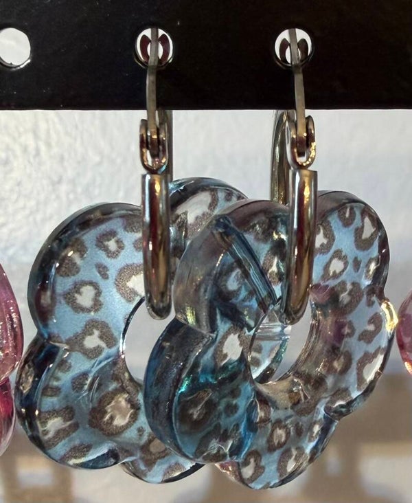 Boucles d’oreilles créoles argenté - léopard bleu
