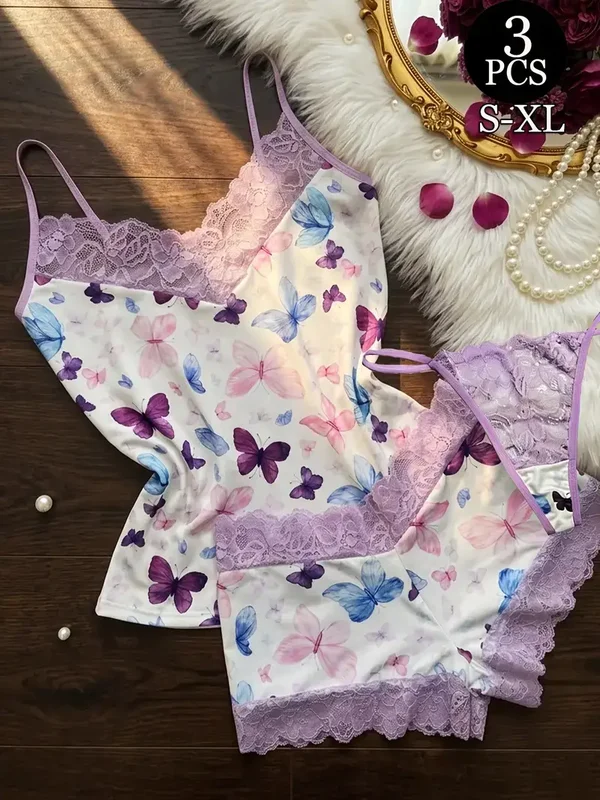 Ensemble 3 pièces : Dentelle violette clair avec patchwork de tissu papillon rafraîchissant, débardeur confortable avec boxer confortable et string en dentelle