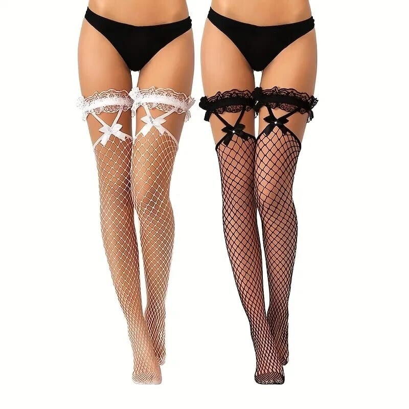 1 paire Bas résille sexy avec papillon en dentelle et strass