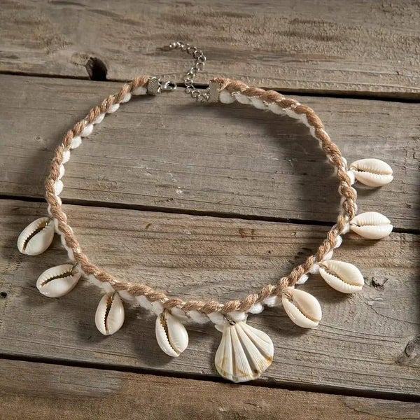 SC :1 Collier Bohème Chic Tressé à la Main avec Pendentif en Coquille Saint-Jacques - Alliage, Idéal pour les Fêtes à la Plage et les Cadeaux, Bijoux de Vacances d'Été, Accessoire de Vacances | Style Bohème Chic | Collier en Corde Tressée à la Main