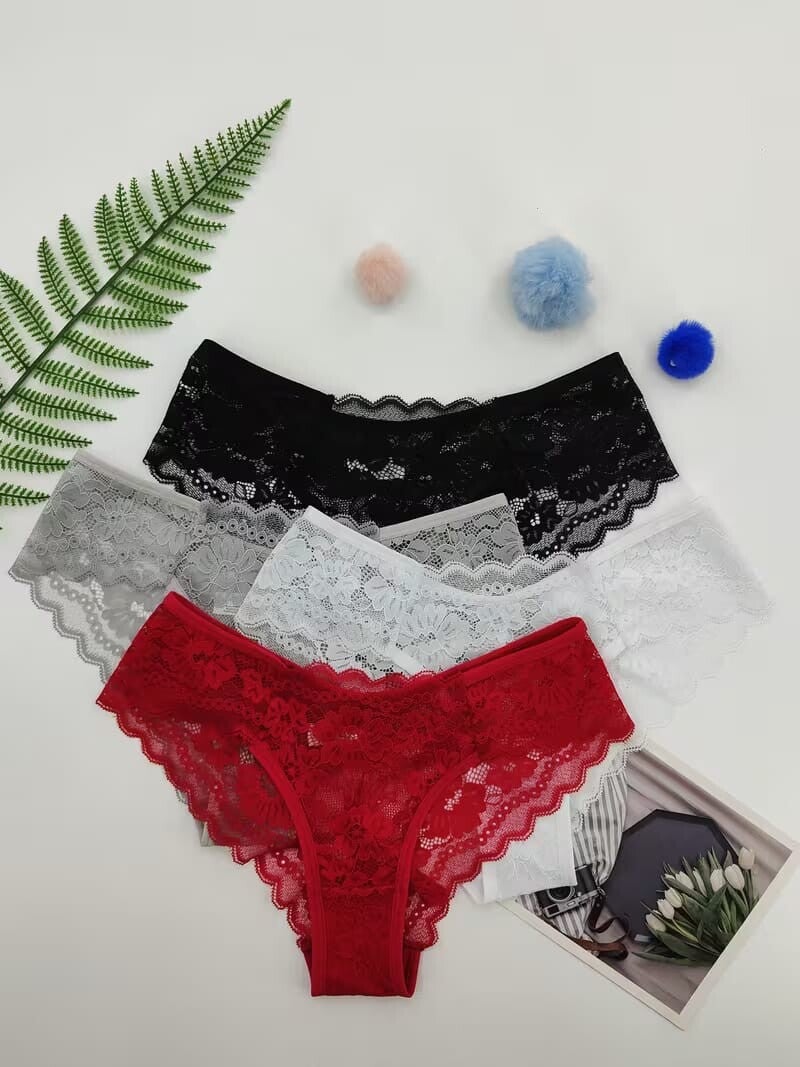 4 pièces femmes élégantes culottes de bikini en dentelle jacquard transparente, mi-extensible taille basse culotte, lingerie et sous-vêtements pour femmes